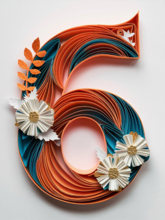 Elegant Quilled Number 6 Adorned with Orange and Blue Paper Flowers Paper Artの素材