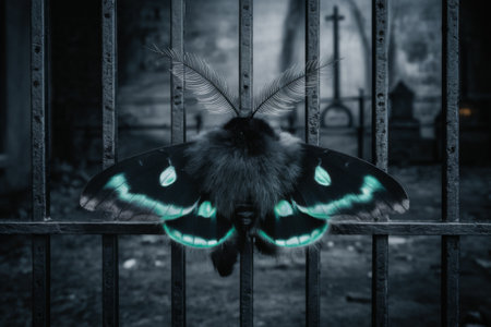Enigmatic Moth with Luminous Green Patterns on Iron Bars in Mysterious Setting - Concept for Nature, Wildlife, and Mysticismの素材