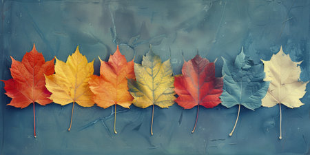 Colorful Autumn Maple Leaves in a Gradient Pattern on a Textured Surfaceの素材