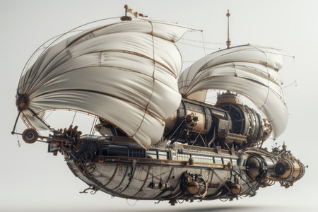 Steampunk Airship with White Sails Showcasing Intricate Mechanical Design and Vintage Aestheticの素材