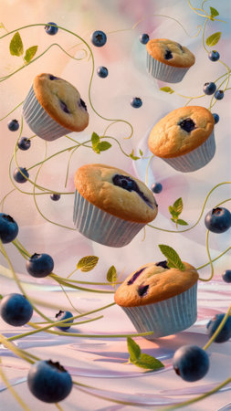 Floating Blueberry Muffins with Fresh Berries and Mint in Dreamy Backgroundの素材