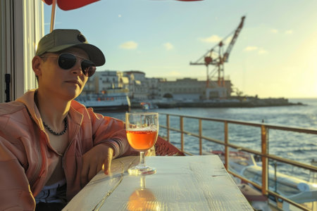 Person Relaxing at Waterfront bar with Drink in Sunset Lightの素材
