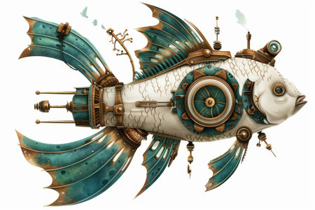 Steampunk Mechanical Fish Illustration - Futuristic, Nautical, Fantasy Art for Digital and Print Mediaの素材