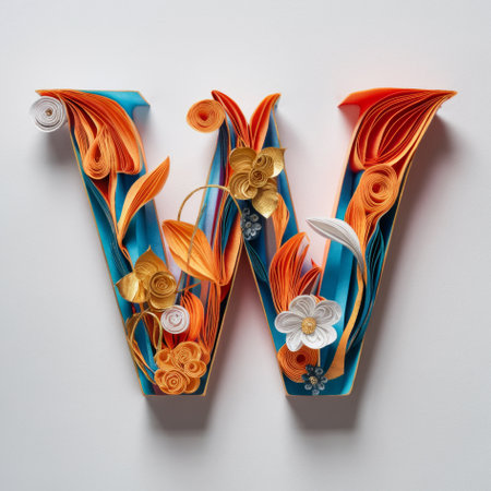 Letter W Embellished with Floral Designs, Elegant Paper Quilling Artの素材