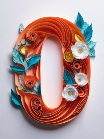 Elegant Quilled Number 0 Zero Adorned with Orange and Blue Paper Flowers Paper Artの素材