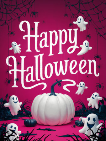 Happy Halloween Celebration with Ghosts and White Pumpkin in Spooky Forest - Design for Print, Card, Posterの写真素材
