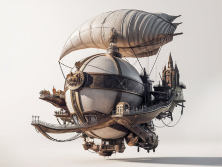 Steampunk Airship Fantasy Art Featuring Large Air Balloon and Intricate Mechanical Designの素材