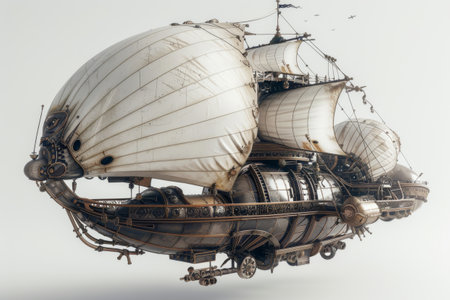 Steampunk Airship with White Sails Showcasing Intricate Mechanical Design and Vintage Aestheticの素材
