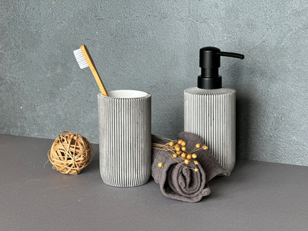 Minimalist Bathroom Accessories: Toothbrush Holder, Soap Dispenser, Towel, and Decorative Items Set