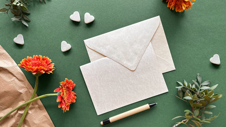 Rustic Wedding Invitation with Flowers, Envelope, Pen, and Small Hearts on Green Background