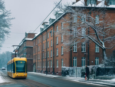 Historic Street with Yellow Tram in Snowy Winter Urban Sceneの素材