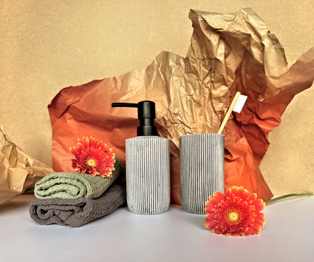 Eco-Friendly Bathroom Essentials: Reusable Towels, Pump Dispenser, Bamboo Toothbrush and Natural...