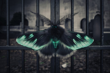 Enigmatic Moth with Luminous Green Patterns on Iron Bars in Mysterious Setting - Concept for Nature, Wildlife, and Mysticismの素材