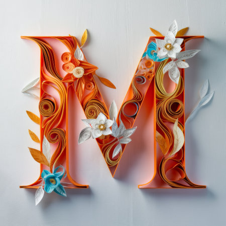 Elegant Paper Quilling Art Forming the Letter M Embellished with Floral Designsの素材