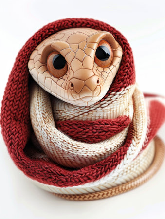 Adorable Snake in Red Scarf Smiling in Snowy Environment, Winter Warmthの素材