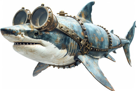 Steampunk Shark Illustration - Mechanical Ocean Predator Art for Posters and Printsの素材