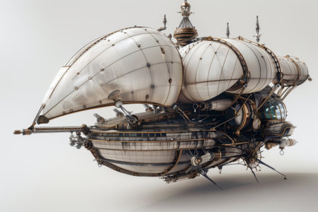 Steampunk Airship against White Background - Futuristic Technology and Retro Sci-Fi Adventureの素材