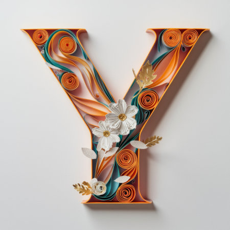 Letter Y Embellished with Floral Designs, Elegant Paper Quilling Artの素材