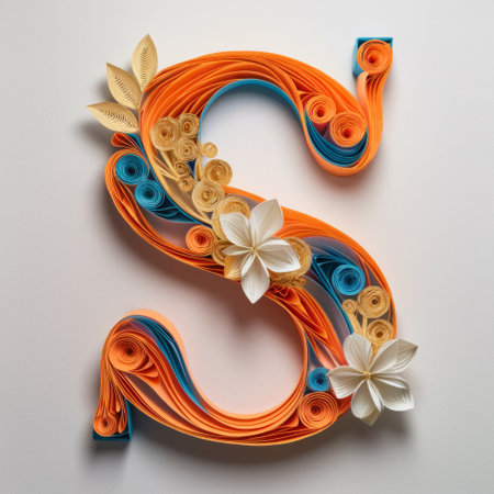 Letter S Embellished with Floral Designs, Elegant Paper Quilling Artの素材