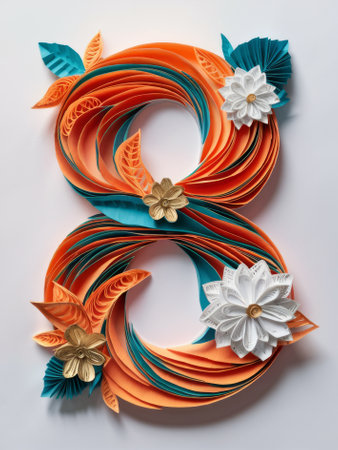 Elegant Quilled Number 8 Adorned with Orange and Blue Paper Flowers Paper Artの素材