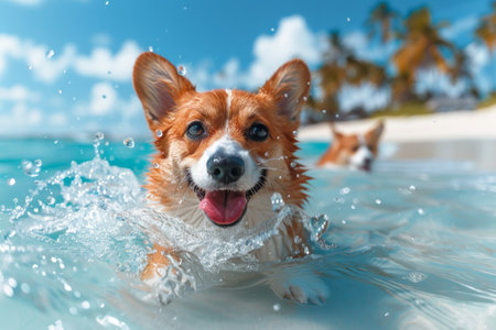 Adorable Corgi Swimming in a Tropical Pool - Summer Vacation, Pet Fun, Beach Getawayの素材
