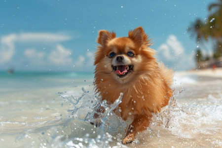 Adorable Pomeranian Playing in Ocean Waves on a Tropical Beach - Summer Vacation Funの素材