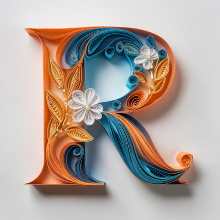 Letter R Embellished with Floral Designs, Elegant Paper Quilling Artの素材