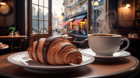 Morning Coffee and Chocolate Croissant in a Cozy Cafeの素材