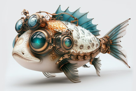 Steampunk Fish with Futuristic Gear - Unique 3D Render for Fantasy Art and Design Projectsの素材
