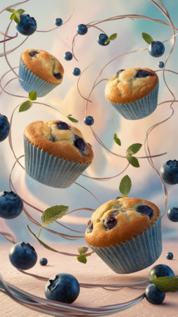 Floating Blueberry Muffins with Fresh Berries and Mint in Dreamy Backgroundの素材
