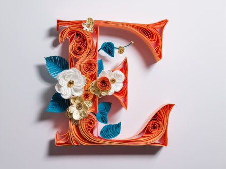 Letter E Embellished with Floral Designs, Elegant Paper Quilling Artの素材