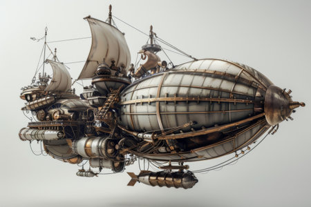 Steampunk Airship Fantasy Art Featuring Large Air Balloon and Intricate Mechanical Designの素材