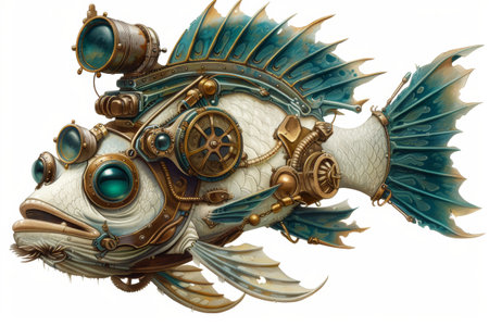 Steampunk Mechanical Fish Illustration for Design, Posters, and Concept Art Projectsの素材