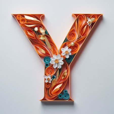 Elegant Paper Quilling Art Forming the Letter Y Embellished with Floral Designsの素材
