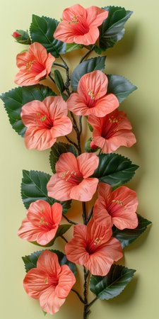 Beautiful Artificial Orange Hibiscus Flowers with Green Leaves on a Light Yellow Background for Home Decoration and Designの素材