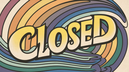 Retro Closed Sign with Vibrant Rainbow Wave Design for Posters and Signageの素材