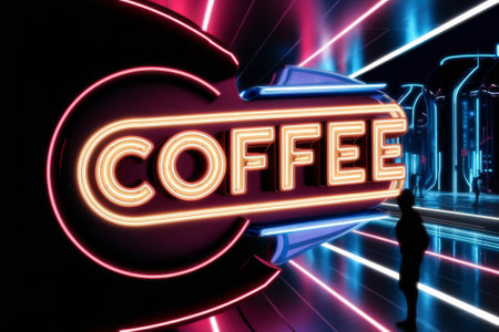 Neon Coffee Sign in Futuristic Urban Setting â Concept Art for Cafe Promotion, Digital Design, Advertisementの素材