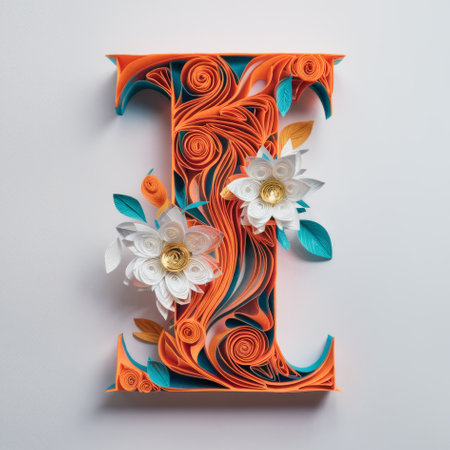 Elegant Paper Quilling Art Forming the Letter I Embellished with Floral Designsの素材