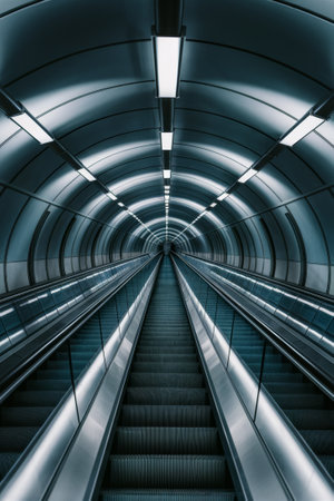 Futuristic Tunnel Escalator Illuminated by Modern Lighting - Urban Architecture and Infrastructure Conceptの素材