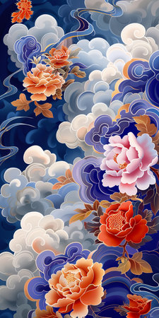 Elegant Floral Pattern with Peonies and Clouds - Oriental Decorative Art for Print Designの素材