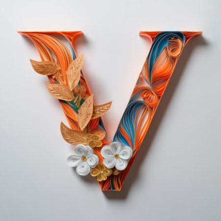 Letter V Embellished with Floral Designs, Elegant Paper Quilling Artの素材