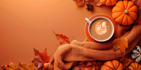 Autumn Pumpkin Spice Latte with Latte Art Surrounded by Fall Decor - Perfect for Seasonal Promotions and Coffee Shop Menusの素材
