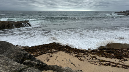 Stormy Ocean Waves Crashing on Rocky Shore with Seaweed and Cloudy Skyの写真素材