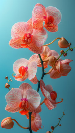 Vibrant Orange and Red Orchids on Colorful Split Backgroundの素材