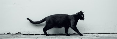 Sleek Black Cat Walking Along White Wall in Minimalist Settingの素材