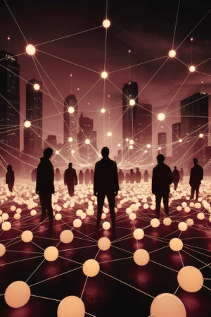 Futuristic Network of Silhouetted People Connected by Glowing Nodes in Modern Cityscapeの素材