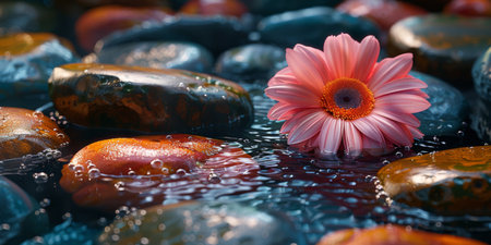Tranquil Pink Flower on Wet Pebbles in Serene Water Reflectionの素材
