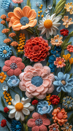 Handmade Colorful Crochet Flowers on Blue Background - Vibrant Textile Artの素材