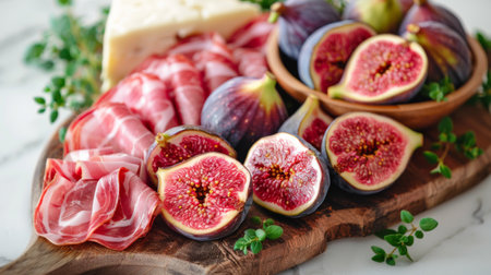 Delicious Charcuterie Board with Fresh Figs, Prosciutto, and Cheese on Wooden Platterの素材