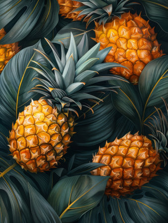 Vibrant Pineapples and Tropical Leaves - Fresh and Exotic Summer Fruit Backgroundの素材
